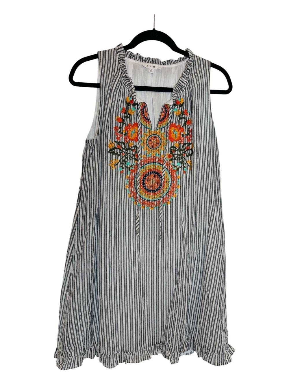 THML Embroidered Striped Boho Swing Midi Dress Size L